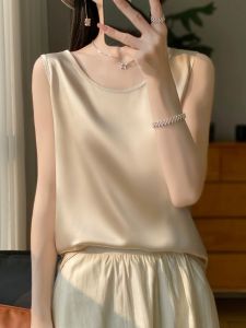 Silk Satin round Neck Strap Vest Womens Top 95% Mulberry Silk 5% Acetate Vest Casual Summer Fashion Pure Color Design