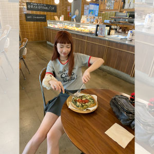 Summer Short Sleeve T-Shirt 13C High Cotton Content Retro Contrast Color Ribbing Edge Cheese Letter All-Match American Style