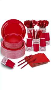 red disposable tableware set 7/9inch paper dish napkin 9oz paper cup cutlery spoon birthday party holiday party supplies