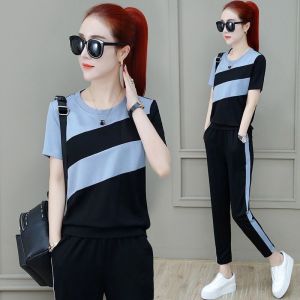 Womens Sports Suit 2025 Spring Summer New Korean Loose Short Sleeve Tops And Pants Two Piece Set Student Casual Running Outfits