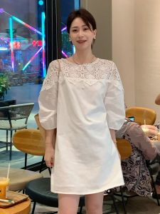 French Style Temperament Hollow out Stitching Crochet Lace White Dress Womens 2024 New Arrival Skirt Summer Casual Skirt