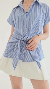 ORECCA - Camilla Top Atasan Salur Lengan Pendek Wanita