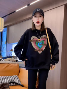 Love Heart Print Loose Fit Long Sleeve round Neck Sweatshirt Womens Autumn Fashion Comfortable Slimming Lazy Style Top