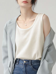 เสื้อกั๊กแขนกุดสีเบจใหม่ ฤดูร้อน 2025 เสื้อชั้นในสตรีทรงหลวม คอตั้ง ผ้าฝ้ายผสมโพลีเอสเตอร์ สำหรับใส่ทำงาน