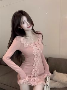 ชุดเดรสยาวปานกลางคอวีแขนยาวผ้าลูกไม้หวานสำหรับผู้หญิง ฤดูใบไม้ผลิและฤดูใบไม้ร่วง กระโปรงสั้นทรงเอเข้ารูป