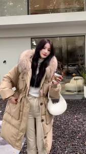 Áo Khoác Phao Nữ Chống Nước Mùa Đông Có Mũ Lông Chồn Thật 90% Lông Vịt Kiểu Dáng Thường Ngày Dày Dặn Ấm Áp Khóa Kéo Dài.