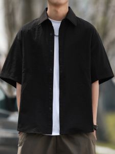 Anti-Wrinkle Heyma Seven Japanese Retro Spring Summer Mens Arc Splicing Short Sleeve Loose Casual Shirt Trendy