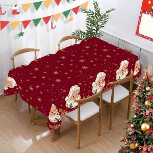 VIKAMA Vintage Ông Già Noel Khăn Trải Bàn Hình Chữ Nhật Nền Đỏ Vàng Bông Tuyết Giáng Sinh Trang Trí Nhà Có Thể Giặt Bằng Máy Khăn Trải Bàn