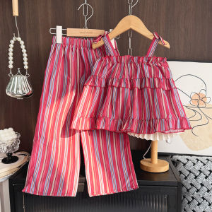 Menoea 3 4 5 6 7 Years Childrens Clothing Baby Girl Fashion Sets Summer New Rose Red Striped Bow Strap+Wide Leg Pants Two Piece Suits Korean Version Kids Outfits 3-7 Years Old