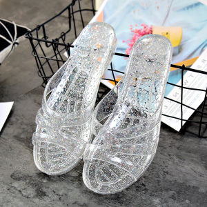 Home Outdoor Slippers Womens Summer Sheer Versatile Womens Flats Crystal Slippers Bathroom Deodorant and Non-Slip Plastic Beach Shoes