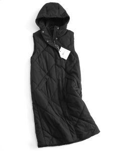 เสื้อกั๊กผ้าฝ้ายทรงหลวมเอวสูงถึงเข่าแบบมีฮู้ด ผ้าฝ้ายผสมโพลีเอสเตอร์ ทรงหลวม ทรง H ทรงหลวม ทรงยาวถึงข้อเท้า