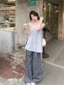 VKSOD | Chic Design Folded Strap Vest High Waist Loose Slimming Wide Leg Pants Two Piece Set Anti Aging Summer Womens Fashion