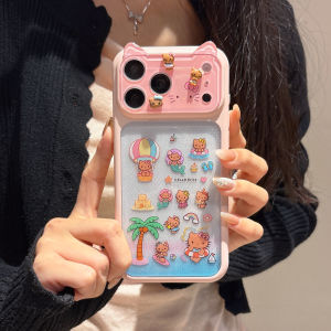 Sanrio | Cute 3D Cat Ears Beach Hello Kittty Lens Protection Phone Case For iPhone 17 Pro Max 16 15 Pro Max Shockproof Hard Acrylic Cover