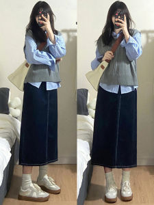 Váy Mini Denim Cạp Cao Màu Xanh Đậm Cỡ Lớn Có Nút Cài Phong Cách Chữ a Che Hông Giúp Thon Gọn Cho Mùa Thu