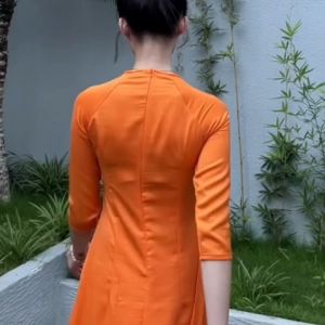 Áo dài cổ tròn tay lỡ màu cam đính ngọc lụa tây thi cao cấp loại 1 kiểu truyền thống giáo viên may sẵn - Áo dài Việt