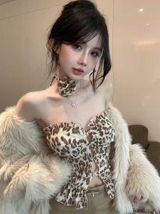 GUZILIAN | American Retro Spicy Girl Style Pleated Wooden Edge Halter Vest Women Fashion Design Sense Leopard Print Hollow Out Top
