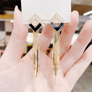 Fancy Geometric Square Zircon Tassel Earrings for Women South Korea Long Elegant and Personalized Face Slimming Earrings Ear Rings