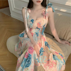 Floral Dress For Women Sleeveless Halter Backless Floral Dress Bow Tie Strap Suspender Dress Long Dress Trendy Prom Long Dress