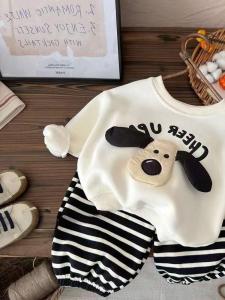 Childrens Sweatshirt Set 2025 New Style Boys Cute Loose Long Sleeve Striped Sweatpants Spring Autumn Two-Piece Casual Sportswear