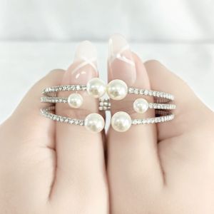 SO SEOUL Quinn Pearl in Cream White Multi Row Austrian Crystal with Classic Pearl Spring Adjustable Open Bangle