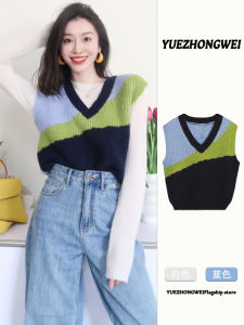 College Style Color Block V Neck Knitted Sweater Vest Women Spring Autumn Sleeveless Short Top Layering Fashion Trend