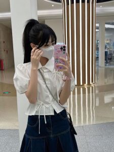 French Unique Bubble Sleeve Shirt Short Sleeve Polo Neck Butterfly Knot Drawstring Hollow Short Womens Summer Top High Waist Type