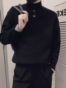 Mens Black High Collar Knitwear Long Sleeve Base Layer Shirt Inner Wear Fashionable Autumn Winter Trendy Knitted Sweater