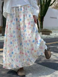 ฤดูร้อนแฟชั่นเอวสูงยืดทรงเอกระโปรงยาวสำหรับผู้หญิงกระโปรงพัฟลายดอกไม้ผ้าโพลีเอสเตอร์ทรงหลวมมีเข่าข้อเท้ามีไซส์ใหญ่พิเศษ #599
