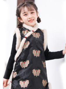 Girls Cheongsam Warmth Vest Winter New Style Childrens Hanfu Traditional Chinese Clothing Short Sleeve Middle Length Skirt