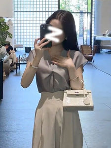 Elegant Satin V-Neck Pleated Shirt Womens Summer 2024 Fashion Design Short Sleeve Top Korean Style Straight Cut Pure Color