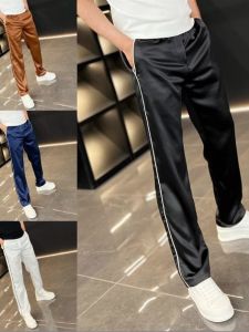 Mens Summer Lightweight Quick Dry Comfortable Casual Pants Loose Wide Leg Straight Cut Trousers Color Block Side Stripes
