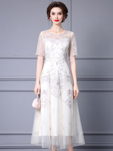Elegant French Style Embroidered Gown with Mesh Paneling High Waist Maxi Skirt Long Dress Summer 2025 Kevin&Zhen Polyester Cotton Blend Short Sleeve round Neck A-Line Dress