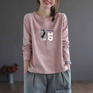 Pure Cotton Long Sleeve Printed T-Shirt Womens Spring Autumn Style Casual Loose Fit Creative Pattern round Neck Top