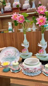 Vật Phẩm Bộ Đồ Thờ Dâng Cúng Lư Hương Bình Hoa Dĩa Ly Nước Trưng Bày Bàn Thờ