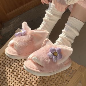 Dép Cotton Màu Hồng Dễ Thương Cho Nữ Mùa Đông Chống Trượt Đế Mềm Dép Lười Phong Cách Hàn Quốc Hoạt Hình Trong Nhà
