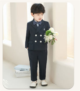 Lontakids ชุดสูทสีน้ำเงินสำหรับชุดทักซิโด้เด็กชุดสูทเด็กผู้ชายชุดกล่องใส่แหวนเสื้อแจ็กเก็ตเสื้อกั๊กกางเกงชุดเข้ารูปพอดีชุดสูททางการชุดสูท