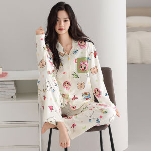 miiow | Pure Cotton Sleepwear Womens Loose Comfortable Long Sleeve Home Clothes Set Suitable For Outdoor Spring Autumn Season