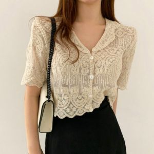 Áo Ren Thêu Sheer Dành Cho Nữ Áo Sơ Mi Ngắn Tay Có Nút Phía Trước Cardigan Phong Cách Boho Trang Phục Đi Nghỉ Hè Che Phủ Trên Cổ Chữ V