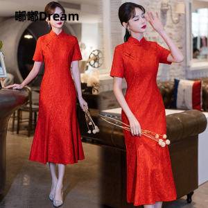 Red Summer Style Large Size Womens Dress Retro Young Revised Version Girls Show Dress Gathered Hemline Polyester Fiber