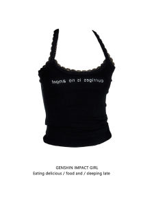 เสื้อกั๊กสายเดี่ยวสไตล์อเมริกันพร้อมขอบลูกไม้สไตล์สาวฮอตพรินต์ตัวอักษรฤดูร้อนทรงสลิมฟิตเสื้อแขนกุด