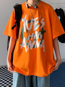 Orange Cotton Summer T-Shirt Mens Loose Fit Short Sleeve Casual Streetwear High Street Brand Youth Fashion round Neck Print