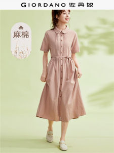 Ganlan Natural Linen Cotton Woven Doll Collar Shirt Dress Womens Skirt Commute Style Loose Waist Short Sleeve Midi Dress