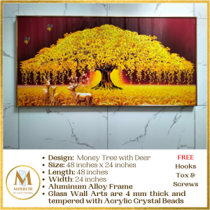 Money Tree with Deer Wall Decor Aluminum Alloy Frame Size 48 inches x 24 inches