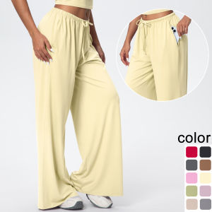 Women Quick Drying Wide Leg Yoga Pants Loose Yoga Pants High Waist With Pockets Fitness Sport Gym Workout Drawstring Full Length