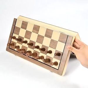 Deluxe 39cm Magnetic Wooden Chess & Checkers Set With Storage Bag Large 2 In 1 Board Game Foldable With 2 Extra QueensGreat Gift For Kids & Adult.