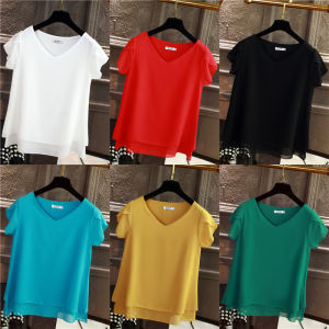 plus Size Womens Summer Fashion Korean Style Loose V-Neck Short Sleeve Chiffon Top Slimming Effect Regular Length Polyester
