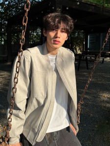 Cleanfit Grey Short Shoulder Mens Jacket Vintage Workwear American Retro Baseball Uniform Loose Fit Youthful Style Autumn Wear