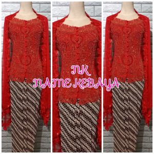 set kebaya pesta merah + longtorso + rok lereng dan slendang merah