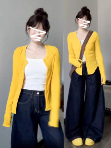 เสื้อคาร์ดิแกนถักสีเหลืองสำหรับผู้หญิง ทรงเข้ารูป แขนยาว ปกติ คอตั้ง สไตล์เกาหลี แฟชั่นฤดูใบไม้ร่วง/ฤดูหนาว