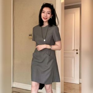 YUFUQING | Gray French Style Short Sleeve Round Neck Dress Womens Summer New High Waist A-Line Skirt Elegant Maturity Waist Inward Dress